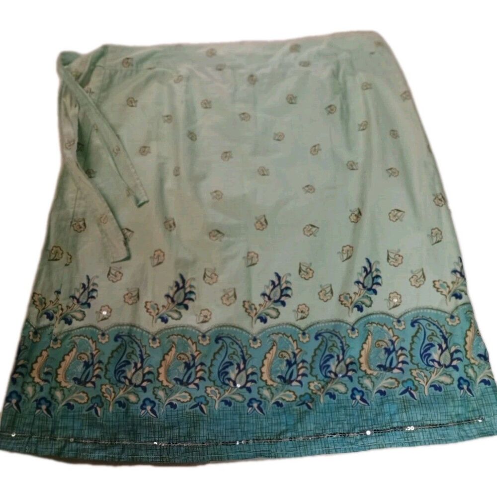 Vintage 2005 Old Navy Boho Paisley Wrap Skirt Blue Cotton Sequin Hem Size 10 - Picture 3 of 16